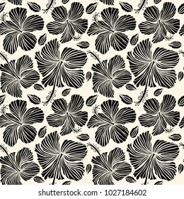 Summer hawaiian seamless pattern with tropical plants and hibiscus flowers in black color. Vector illustration on a neutral background.