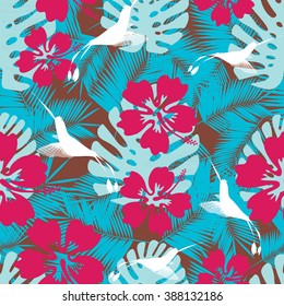 Summer  hawaiian seamless pattern with tropical plants, vector illustration