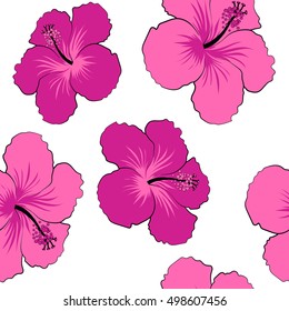 Summer hawaiian seamless pattern with tropical plants and hibiscus flowers in magenta and violet colors. Vector illustration on a white background.