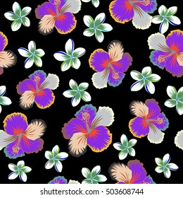 Summer hawaiian seamless pattern with tropical plants and hibiscus flowers vector illustration on black background.