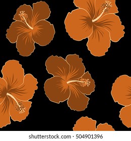 Summer hawaiian seamless pattern with tropical plants and hibiscus flowers in beige and brown colors. Vector illustration on a black background.