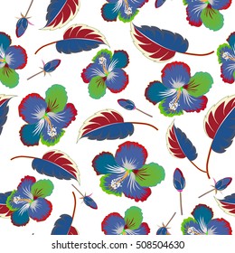 Summer hawaiian seamless pattern with tropical plants and hibiscus flowers vector illustration on white background.