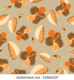 Summer hawaiian seamless pattern with tropical plants and beige hibiscus flowers. Seamless Vector illustration.