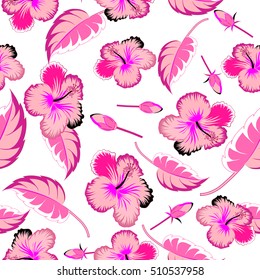 Summer hawaiian seamless pattern with tropical plants and hibiscus flowers in pink colors. Vector illustration on a white background.