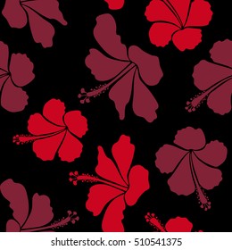 Summer hawaiian seamless pattern with tropical plants and hibiscus flowers in red colors. Vector illustration on a black background.