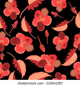 Summer hawaiian seamless pattern with tropical plants and hibiscus flowers in red colors. Vector illustration on a black background.