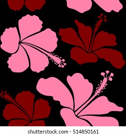 Summer hawaiian seamless pattern with tropical plants and hibiscus flowers in pink and red colors. Vector illustration on a black background.