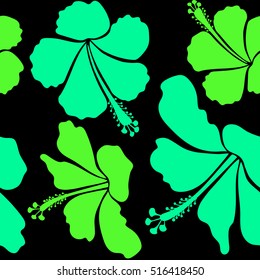 Summer hawaiian seamless pattern with tropical plants and hibiscus flowers in green colors. Vector illustration on a black background.