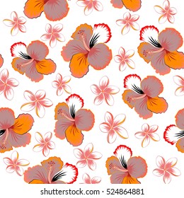 Summer hawaiian seamless pattern with tropical plants and hibiscus flowers in red, orange and pink colors. Vector illustration on a white background.