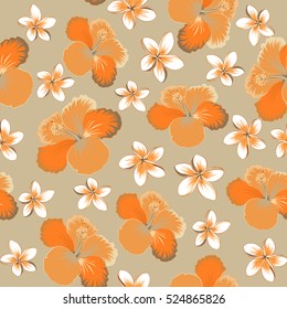 Summer hawaiian seamless pattern with tropical plants and brown, orange and beige hibiscus flowers. Seamless Vector illustration.