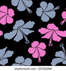 Summer hawaiian seamless pattern with tropical plants and hibiscus flowers in blue and pink colors. Vector illustration on a black background.