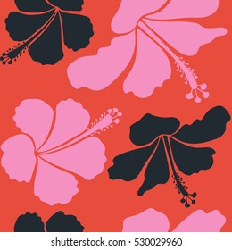 Summer hawaiian seamless pattern with tropical plants and blue, pink and orange hibiscus flowers. Seamless Vector illustration.