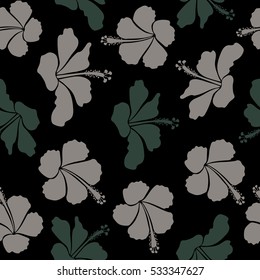 Summer hawaiian seamless pattern with tropical plants and hibiscus flowers in green and gray colors. Vector illustration on a black background.