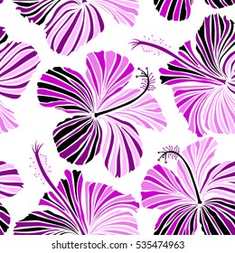 Summer hawaiian seamless pattern with tropical plants and hibiscus flowers in pink, neutral and purple colors. Vector illustration on a white background.