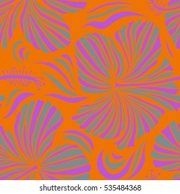 Summer hawaiian seamless pattern with tropical plants and neutral, orange and violet hibiscus flowers. Seamless Vector illustration.