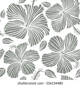 Summer hawaiian seamless pattern with tropical plants and hibiscus flowers in gray colors. Vector illustration on a white background.