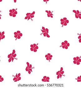 Summer hawaiian seamless pattern with tropical plants and hibiscus flowers in magenta colors. Vector illustration on a white background.