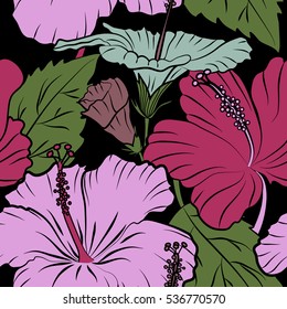 Summer hawaiian seamless pattern with tropical plants and hibiscus flowers in green and pink colors. Vector illustration on a black background.