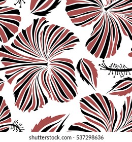 Summer hawaiian seamless pattern with tropical plants and hibiscus flowers in pink and black colors. Vector illustration on a white background.