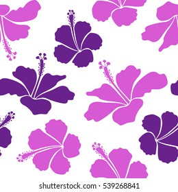 Summer hawaiian seamless pattern with tropical plants and hibiscus flowers in violet and purple colors. Vector illustration on a white background.