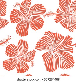 Summer hawaiian seamless pattern with tropical plants and hibiscus flowers in orange colors. Vector illustration on a white background.