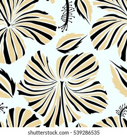 Summer hawaiian seamless pattern with tropical plants and beige and black hibiscus flowers. Seamless Vector illustration.