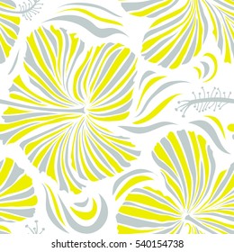 Summer hawaiian seamless pattern with tropical plants and hibiscus flowers in yellow and gray colors. Vector illustration on a white background.