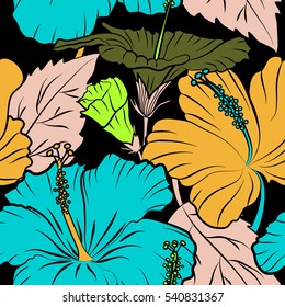 Summer hawaiian seamless pattern with tropical plants and hibiscus flowers in green, yellow and blue colors. Vector illustration on a black background.