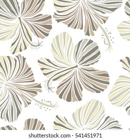 Summer hawaiian seamless pattern with tropical plants and hibiscus flowers in neutral, gray and beige colors. Vector illustration on a white background.