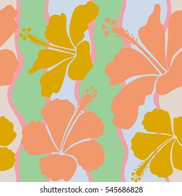 Summer hawaiian seamless pattern with tropical plants and orange and yellow hibiscus flowers. Seamless Vector illustration.