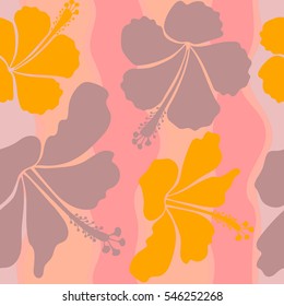 Summer hawaiian seamless pattern with tropical plants and yellow and neutral hibiscus flowers. Seamless Vector illustration.
