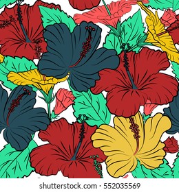 Summer hawaiian seamless pattern with tropical plants and hibiscus flowers in yellow, red and pink colors. Vector illustration on a white background.