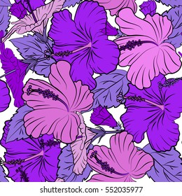 Summer hawaiian seamless pattern with tropical plants and hibiscus flowers in violet and pink colors. Vector illustration on a white background.