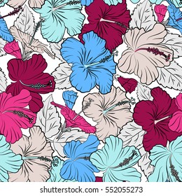 Summer hawaiian seamless pattern with tropical plants and hibiscus flowers in magenta and purple colors. Vector illustration on a white background.