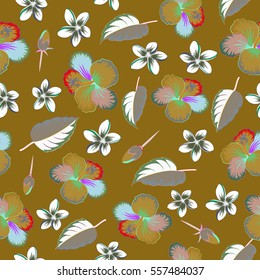 Summer hawaiian seamless pattern with tropical plants and hibiscus flowers vector illustration on brown background.