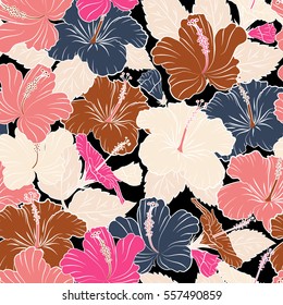 Summer hawaiian seamless pattern with tropical plants and hibiscus flowers in pink and brown colors. Vector illustration on a black background.