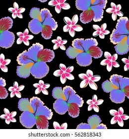 Summer hawaiian seamless pattern with tropical plants and hibiscus flowers in purple, blue and neutral colors. Vector illustration on a black background.