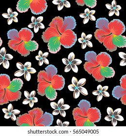 Summer hawaiian seamless pattern with tropical plants and hibiscus flowers in yellow, blue and gray colors. Vector illustration on a black background.