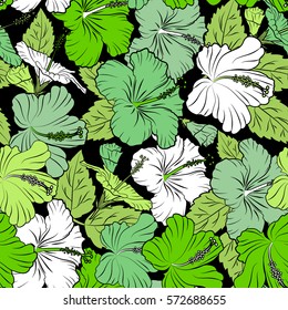 Summer hawaiian seamless pattern with tropical plants and hibiscus flowers in green and white colors. Vector illustration on a black background.