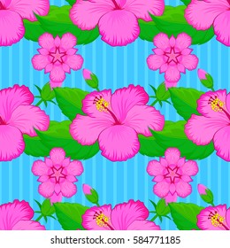 Summer hawaiian seamless pattern with tropical plants and hibiscus flowers vector illustration on blue background.