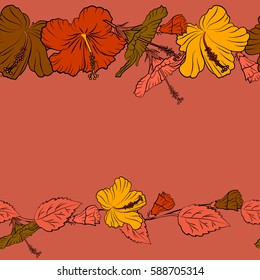 Summer hawaiian seamless pattern with tropical plants and orange, yellow and brown hibiscus flowers with copy space (place for your text). Vector illustration.