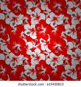 Summer hawaiian seamless pattern with tropical plants and red and white hibiscus flowers. Seamless Vector illustration.