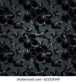 Summer hawaiian seamless pattern with tropical plants and black and blue hibiscus flowers. Seamless Vector illustration.