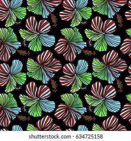 Summer hawaiian seamless pattern with tropical plants and hibiscus flowers in green and red colors. Vector illustration on a black background.