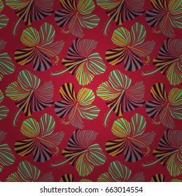 Summer hawaiian seamless pattern with tropical plants and hibiscus flowers vector illustration on red background.