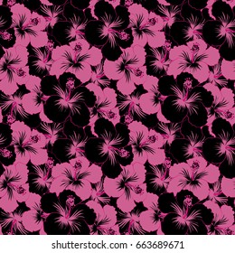 Summer hawaiian seamless pattern with tropical plants and black, pink and magenta hibiscus flowers. Seamless Vector illustration.
