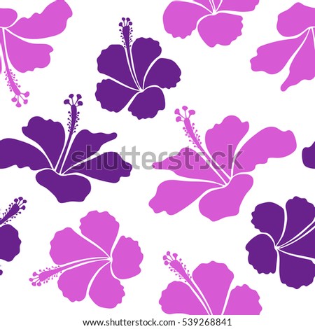 Summer hawaiian seamless pattern with tropical plants and hibiscus flowers in violet and purple colors. Vector illustration on a white background.
