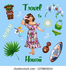 Summer Hawaiian set with a beautiful girl tourist and souvenirs. Orchid, Hula drum, beach cocktail, surfboard. Stickers vector cartoons.