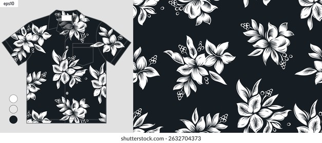 Summer Hawaiian shirt vector pattern with hand drawn hibiscus and tropical leaves, fabric print mockup design for beach fashion presentation, floral textile, not made by AI