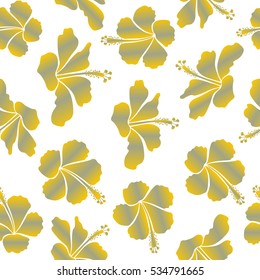 Summer hawaiian with tropical plants and hibiscus flowers in yellow and neutral colors. Vector illustration on a white background.